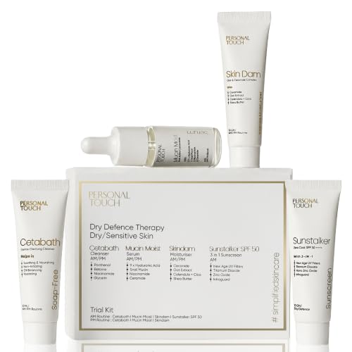 Image of Personal Touch Complete Trial Kit - Dry Defence Therapy for Dry & Sensitive Skin | Cetabath Face Cleanser, Snail Mucin Serum, Skindam Barrier Repair Moisturizer & SPF 50 Sunscreen
