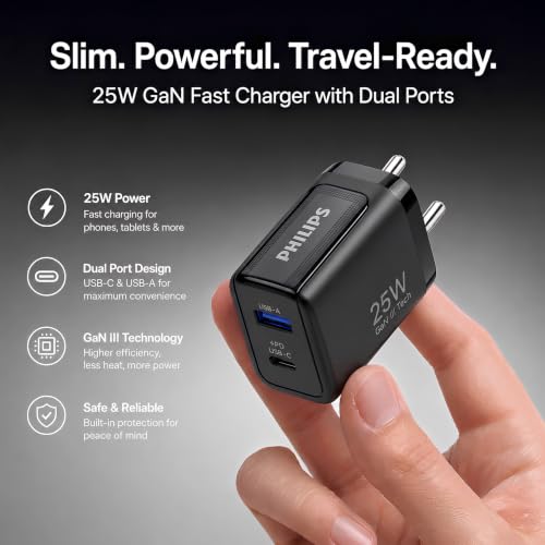Image of Philips DLP4321NB /94 Gen III Tech 25W Fast Charging Wall Charger (Slate Black) | USB-C PD + USB-A | 2-Port Multi-Device Charger for Smartphone, Tablet, Earbuds & Accessories | Compact Travel Adapter