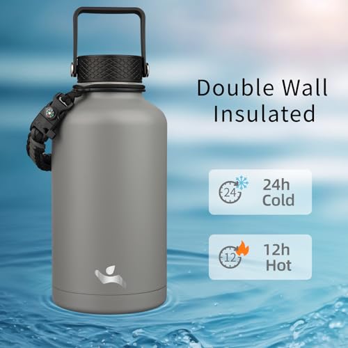 Image of Konokyo Half Gallon Insulated Water Bottle with Straw,64 oz 3 Lids Water Jug with Carrying Bag,Paracord Handle, Double Wall Vacuum Stainless Steel Metal Flask,Sky (Pack of 2)