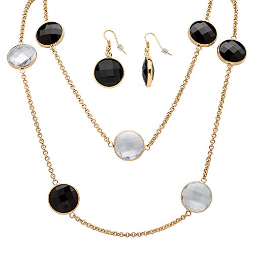 Palm Beach Jewelry Gold Tone Drop Earrings and Station Necklace Set, Round Black and White Crystals, 40