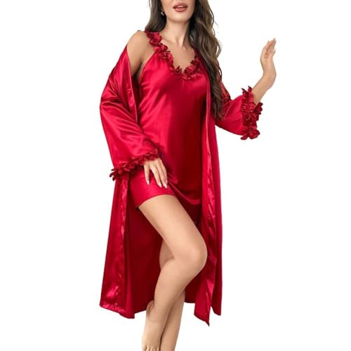 HGKPFGTG Ensemble Robe de Chambre Et Nuisette en Satin pour Femme Lingerie Sexy 2 Pièces Peignoir Kimono à Bordure Florale DéBardeur à Col en V,Rouge,L