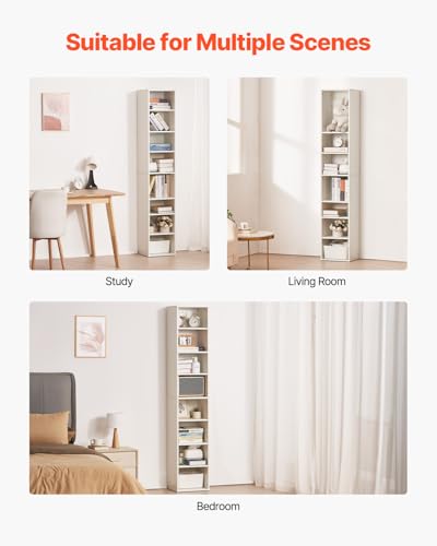 Image of VEVOR 8 Tiers Narrow Bookshelf, 71 in Wooden Tall Open Bookcase with Height-Adjustable Shelf, Freestanding Display Storage Floor Bookcase Bookshelf for Library, Bedroom, Living Room, Office, White