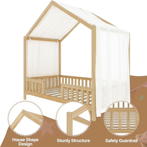 Image of Twin Size Wood House-Shape Platform Bed with Roof Frame and Canopy, Montessori Floor Bed with High Railings and Slat Support for Kids Girls Boys, No Box Spring Needed (Natural-05, Twin)