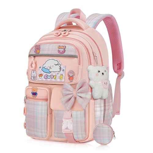 LEWKANA Mochila feminina com lancheira, 5 peças, linda bolsa kawaii para adolescentes, mochila escolar de estética para ensino fundamental, rosa, 1pc Backpack