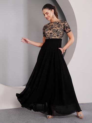 Image of Miss Chase Women's Round Neck Cap Sleeves Lace Knee -Long Skater Dress