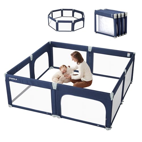 Image of Foldable Baby Playpen, Shape & Size Adjustable Playpen for Toddler, 79x71 Large Play Pens Safety Mesh Foldable Playard for Babies, Portable Baby Fence Play Area Kids Play Pen, Blue