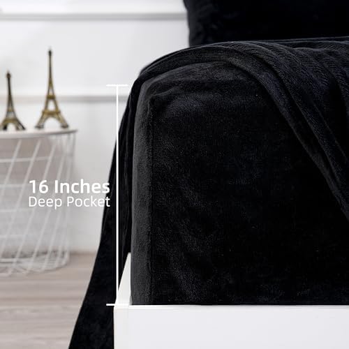 Micro Fleece Bed Sheet Set Full Size Black - Ultra-Soft Velvet Plush Full Bed Sheets with Deep Pockets,No Pilling,Cozy Warmth for All Season - 4 Piece Set Bedding Sheets & Pillowcases - Thumbnail 3