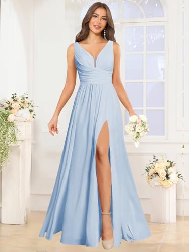Women's Bridesmaid Dresses for Women V Neck Pleated Chiffon Backless Formal Prom Dress with Slit3