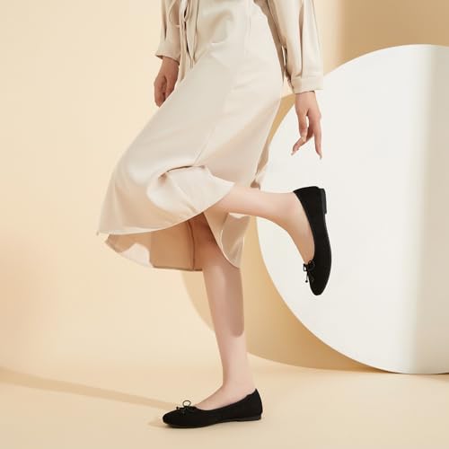 Witwatia Women's Flat Dress Shoes Comfortable Black Ballet Shoes Casual Slip On Dress Shoes Suede Round Toe Flats with Bow4