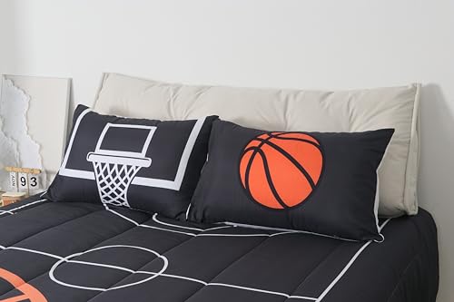 Castle Fairy Basketball Court Print Comforter Set for Kids Boys,Ball Sports Games Themed All Season Cozy Bedding Set Twin Size,Orange Basketball and Hoop Quilt Set Home Decor,Children Birthday Gift