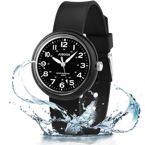 Juboos Kinderuhr Madchen, Armbanduhr Mädchen Junge Zeit Lernen Wasserdicht 3ATM,Uhr Kinder Analog 5-15 (Schwarz)