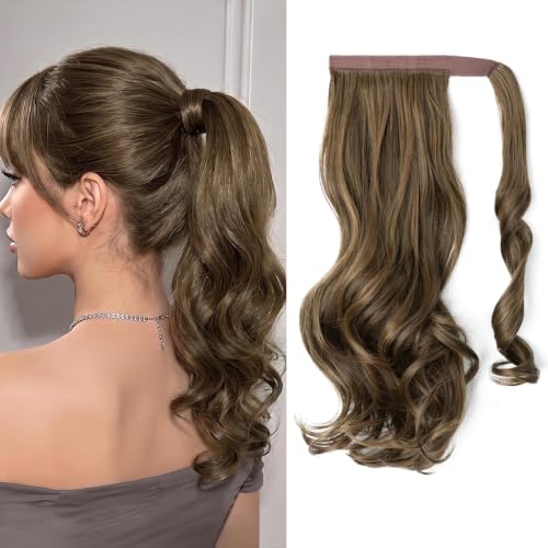 CJL HAIR 18" Long Ponytail Hair Extension Wrap Around Pony Tail Clip in Curly Wavy Synthetic Fake Hairpiece for Women Coffee Brown