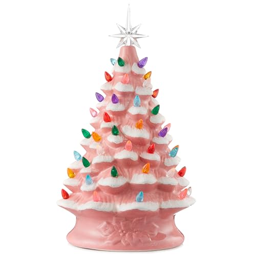 Casafield Hand Painted Ceramic Christmas Tree, Pink Snow Flocked