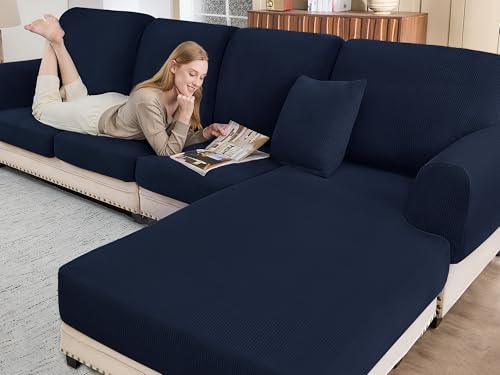 Sectional Couch Covers for Sofa Cushion L Shaped Couch Cover Washable Soft Couch Cushion Covers Stretch Sofa Slipcovers with 2 Pcs Pillowcases(4-Piece 3 Seater + 1 Chaise, Navy)