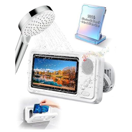 Splash Case for Shower Phone Holder Waterproof with Speaker Water Proof Wireless Bluetooth Holders of Bathroom Wall Secure Cell Proof Built-In Smart Mobile Holde Stand 360 Rotating 2-in-1 suction