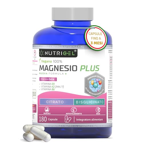 Magnesio Completo - Magnesio Bisglicinato + Citrato 2177mg - Stanchezza e Fatica Integratore con Vitamine B6, D3 e K2-180 Capsule Vegane - Nutricel