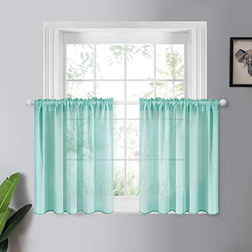 YOKISTG Teal Sheer Kitchen Curtains 24 Inch Length Solid Rod Pocket Tier Curtains