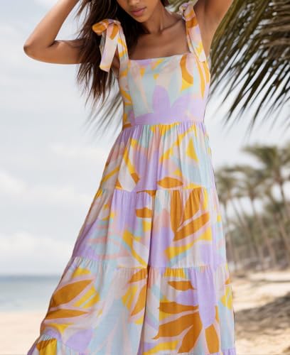 Image of kinstell Women's Summer Boho Spaghetti Strap Square Neck Ruffle Casual Flowy Long Dress Beach Swing Party Maxi Dress