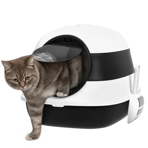PawHut Katzentoilette mit Deckel, zusammenklappbares Katzenklo inkl. Deodorant, Bodengitter und Streuschaufel, geräumig für Katzen, Weiß+Schwarz,...