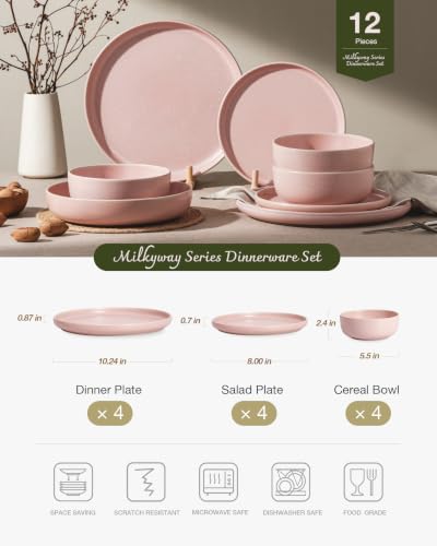 Image of Famiware Milkyway Plates and Bowls Sets, 12 Pieces Dinnerware Sets, Reactive Glaze Dish Set, Stoneware Dishes Set for 4, Light Pink