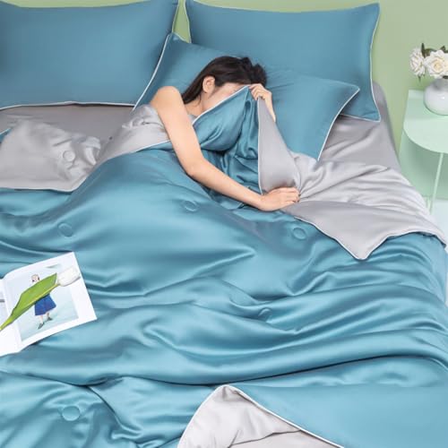 Image of HASTHIP Cooling Duvet Quilt for Double Bed King Size - 200x230cm Cooling Bedding Set Quilt AC Blanket for Double Size Bed Reversible Super Soft Microfiber Blanket - Grey & Blue