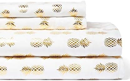 Posh Home Metallic Foil Print 4 Piece Sheet Set (Queen, Pineapple Gold-White)