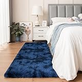 duduta Navy Blue Fluffy Plush Runner Rugs 2x6 ft Tie Dye Rectangle Shag Rug for Bedroom Dorm Living Room Kids Room, Machine Washable Anti-Slip