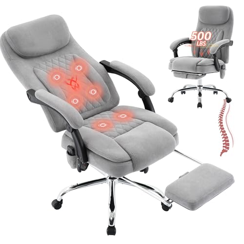 Image of 500LBS Massage Office Chair, 6 Points Vibration & Heat Executive Office Chairs, 135Reclining Comfy Desk Chair with Foot Rest, Wider & Thicker Seat Cushion, Fabric Big and Tall Gaming Chair, Grey