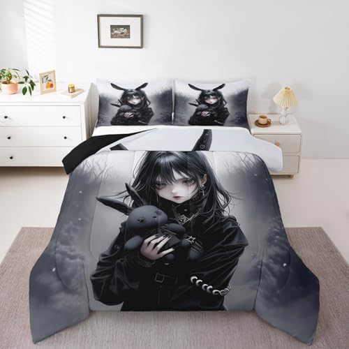 Image of Erosebridal Anime Girl Bedding Set Full,Anime Gifts Comforter Set for Girls Women,Gothic 3D Japanese Girl Down Comforter,Black Gothic Bed Set Exotic Rabbit Printed Duvet Insert with 2 Pillowcases