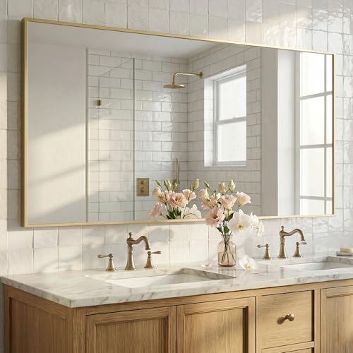 Pocetry 60x30 Satin Gold Wide Bathroom Wall Mirror for Double Vanity