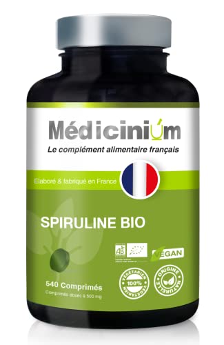 SPIRULINE BIO, 540 comprimés de 500 mg, anti fatigue puissant, vitalité, tonus, béta-carotènes, vitamine B, B12, K, E, phycocianine, zinc, fer, magnésium, fabriqué en France par Médicinium Cover