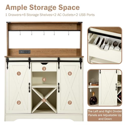 Wnutrees Farmhouse Coffee Bar Cabinet with Charging Station and USB Ports, Sliding Barn Door, 39" Kitchen Hutch Sideboard Buffet Storage Cabinet, Fits Kitchen Dining Living Room, White
