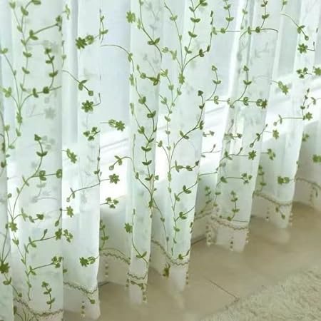 Cortinas traslúcidas blancas bordadas con patrón de hojas, follaje floral, gasa para ventana, tratamiento para dormitorio, sala de estar, bolsillo