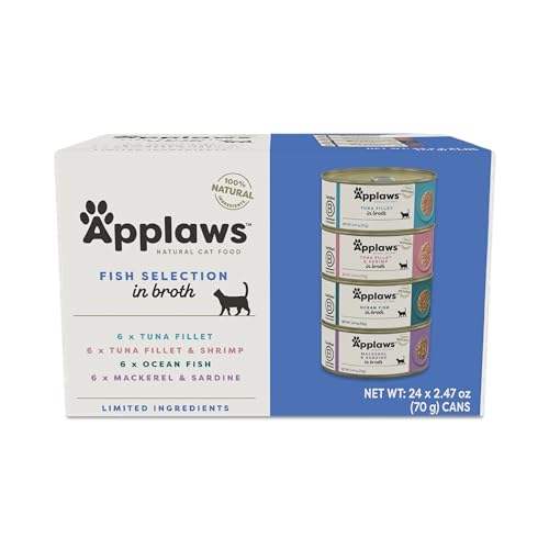 Applaws Fish Variety Pack Wet Cat Food in Broth 24-Pack High Protein Limited Ingredient Grain Free Canned Cat Food No Fillers No Artificial Additives (24x 2.47 oz Cans)