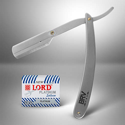 BRV MEN Straight Razor - 100 Lord Platinum Single Edge Razor Blades - Straight Edge Razor - All Stainless Steel - Shavette - Barber Razor - Mens Shaving Knife - Straight Razor Kit - For Men - Silver - Thumbnail 5