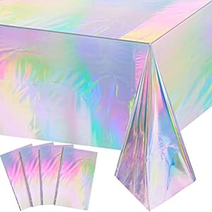 4 Pack Iridescence Plastic Tablecloths Shiny Disposable Laser Rectangle Table Covers Holographic Foil Tablecloth Iridescent Party Decoration Birthday Bridal Wedding Christmas 54″ x 108″(Laser)
