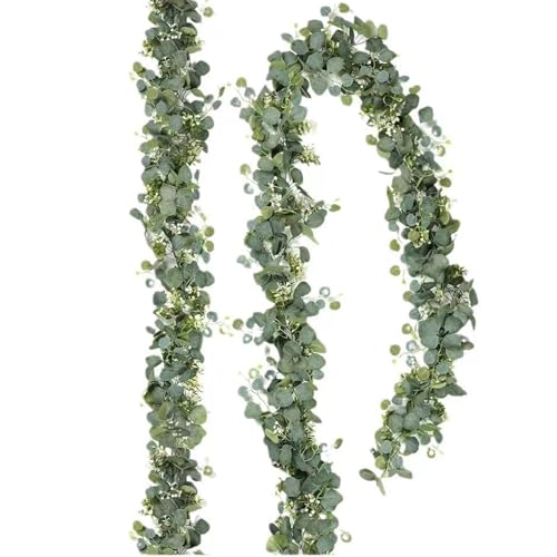 2 guirnaldas de eucalipto, 180 cm con hojas de sauce, hojas verdes, flores blancas, guirnalda de plantas artificiales, guirnalda de hojas, para fondo, boda, fiestas, mesas de comedor, marcos de puerta