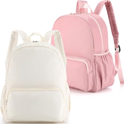 Cunno 2 Pcs Nylon Preppy Backpack Kids School Backpack for Toddler Girls Boys Plain Waterproof Bookbags for Student(Light Pink and Cream White)