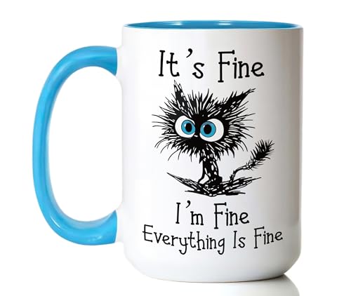 powond Funny Black Cat Coffee Mug – 15oz Sarcastic I am Fine Everything's Fine Cup – Big Ceramic Mug with Blue Handle – Microwave & Dishwasher Safe – Funny Gag Gift for Cat Lovers, Women, Coworkers