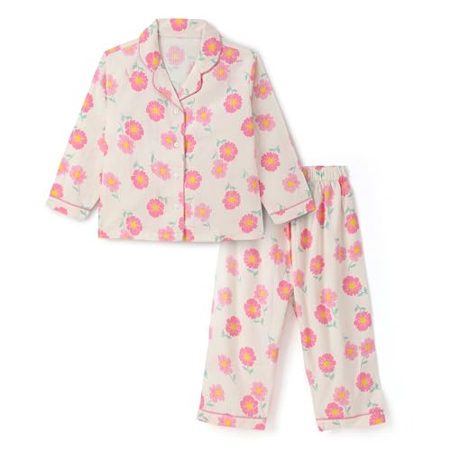Image of Girls Premium Cotton Full Sleeves Printed Nightsuit Set | Collar Style Night Dress for Girls | Soft & Breathable Pajama Set | Trendy Kids Sleepwear & Nightwear