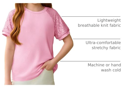 Image of Haloumoning Girls Sequin Short Sleeve T Shirts Kids Summer Crewneck Tops Fashion Tees 5-14 Years