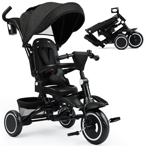 TODEFULL Folding Kids Tricycle, 8 in 1 Toddler Trike W/Removable & 1 Step Brake, Adjustable Canopy,...
