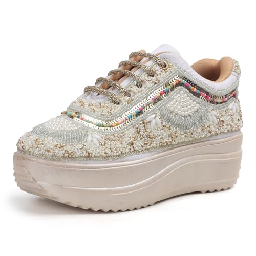 Image of LENSBURY Women Hand Embroidery Wedding Party Bridal Floral High Heel Sneakers I Cushioned Insole I Comfortable Wear Wedge Shoes I for Ladies and Girls LBCNV4037