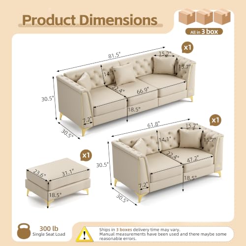 Image of KEIKI 2-Piece Chesterfield Sofa Set with Handmade Button Tufted, Beige | 5-Seater Couch Set with 1 Faux Leather 3-Seater Sofa & 1 Loveseat & 1 Ottoman & 5 Pillow, Easy Assembly, for Living Room