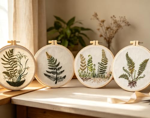 Image of Fern Botanical Embroidery Kits for Beginners Adults, Vintage Plant Embroidery Sets Needlepoint Kits, Stamped Cross Stitch Kits for Beginners Adult, 4 Embroidery Hoops, Fabric (Attached Video Tutorial)