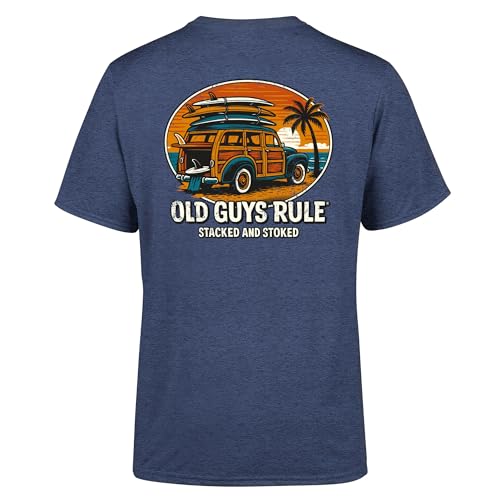 Image of OLD GUYS RULE Stacked and Stoked T-Shirt, Heather Navy, Graphic Print, Short Sleeve, Regular Fit, Men's Casual Wear (UK, Alpha, 3XL, Regular, Regular, Standard, Heather Navy)
