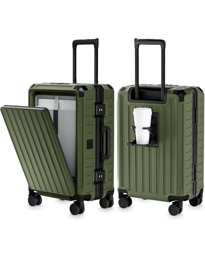 LUGGEX Zipperless Carry On Luggage with Spinner Wheels 22.5 x 15.5 x 9.6 SF81 Aluminum Polycarbonate Hard Shell Front Opening Suitcase TSA & Cup Holder (ZX-Pro Olive Green)