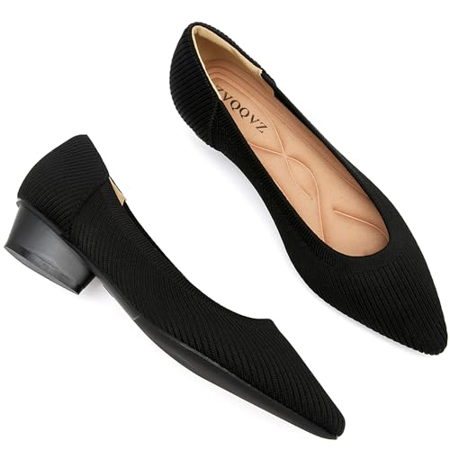 Chunky Heels for Women Knit Ballet Shoes Pointed Toe Low Heel Mesh Comfortable Block Pumps Dress Shoes
