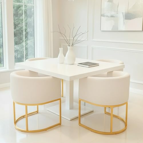 Image of HNY Mid Century Modern Upholstered Barrel Dining Chairs with Arms Set of 6, Linen Kitchen & Dining Room Chairs, 18.5 inch Wide Accent Chairs for Dining Room Living Room with Gold Metal Frame, Cream