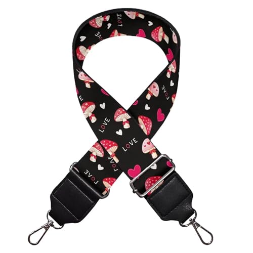 Image of GLENLCWE Mushroom on Black Wide Shoulder Strap Adjustable Replacement Belt Guitar Style Crossbody Bag Handbag Strap Canvas Straps
